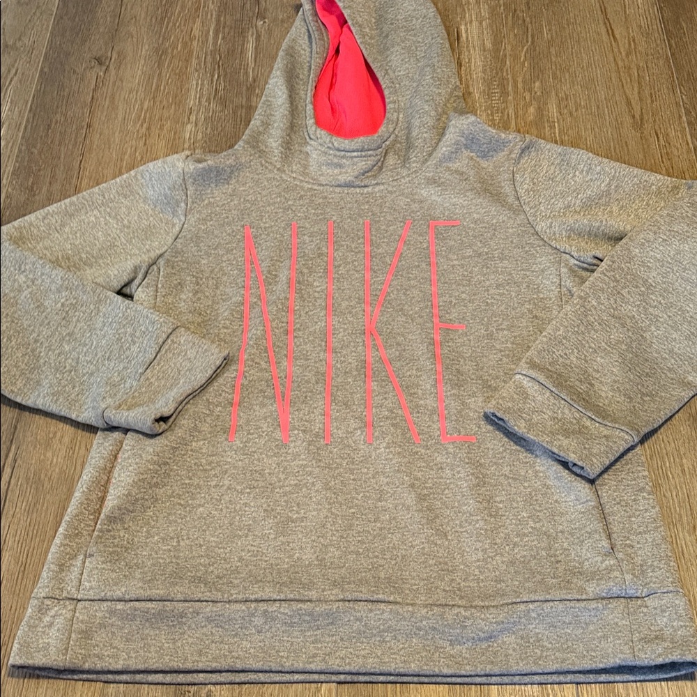 Girl’s Nike Dri Fit Grey Hoodie with Pink Logo and Lined Hood